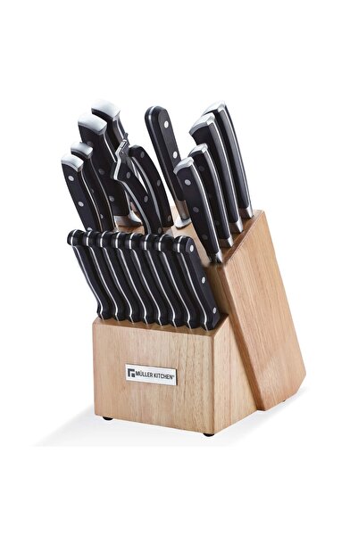 Muller Kitchen 19 Pieces Stainless Steel Knife Set with Wooden Block, Built-in Knife Sharpener, MK-2819