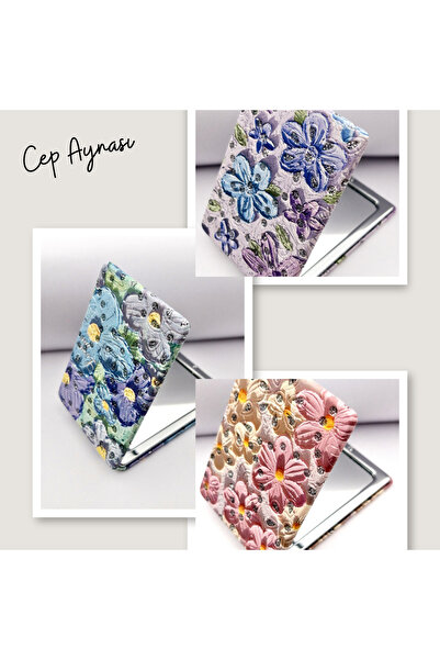 Siya Silver Taşlı Çift Taraflı Kapaklı Çiçek Desenli Cep Çanta Makyaj Aynası - Karışık Gönderim