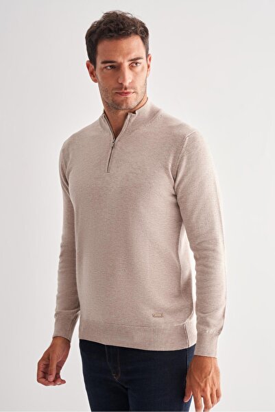 İmza Ανοιχτό μπεζ πουλόβερ με φερμουάρ ψηλός λαιμός μακριά μανίκια χωρίς τσέπες Comfort Fit Classic βαμβακερό πλεκτό πουλόβερ 1012255201