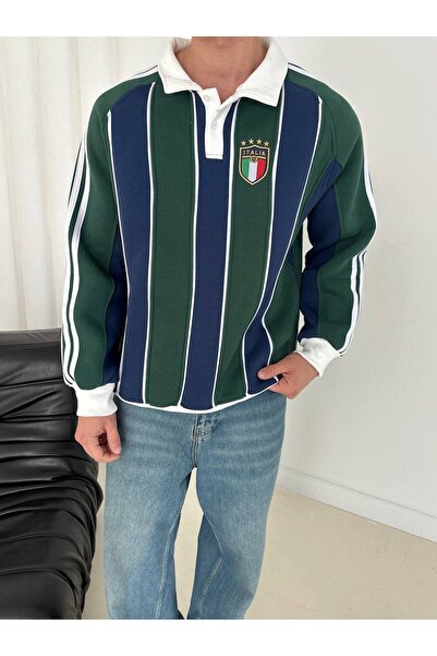 İLKCET MODA İtalia Nakış Şerit Çizgili Unisex Oversize Sweatshirt