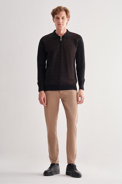 İmza Μαύρο πουλόβερ με φερμουάρ με μακρύ μανίκι χωρίς τσέπες Comfort Fit βαμβακερό πλεκτό πουλόβερ 1012255223