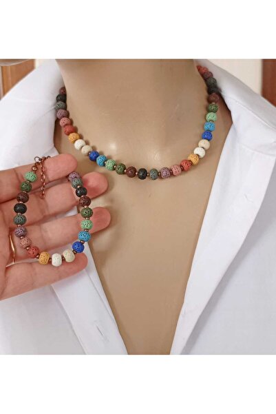 shop Bakır Renkli Silindir Doğal Lav Taşı Unisex Kolye & Bileklik Seti