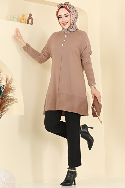 ModaMerve Düğme Detaylı Triko Tunik 2715AYD574-MS Bisküvi
