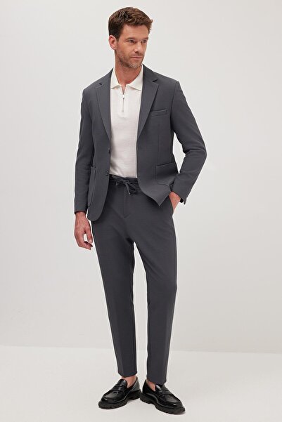 Tudors Men's Regular Fit Anthracite Stretch Lycra Fabric Mono Collar Suit with Pocket