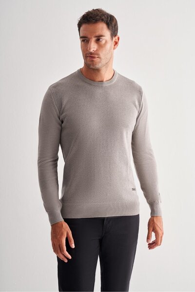 İmza Light Gray Crew Neck Long Sleeve Pocketless Comfort Fit Cotton Knitwear ...
