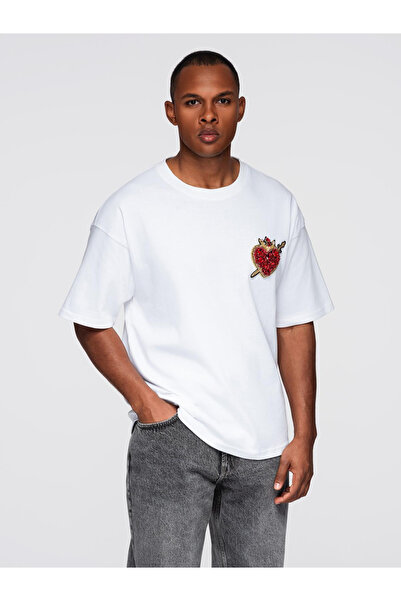 OMBRE Herren-T-Shirt aus Baumwolle mit Schmuckapplikation auf der Brust - Wei...