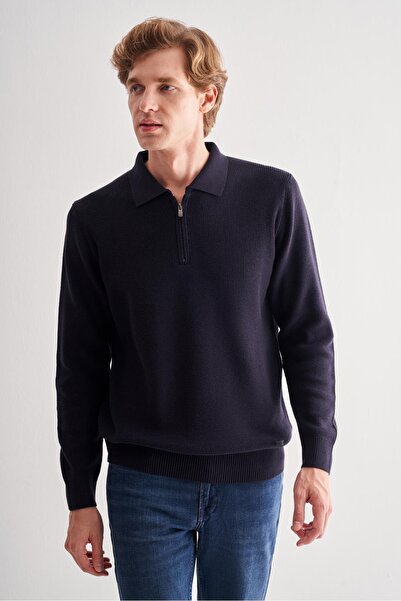 İmza Koyu Lacivert Fermuarlı Polo Yaka Uzun Kol Cepsiz Comfort Fit Casual Pam...