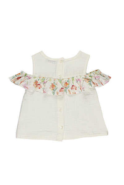 Panço Kız Ecru Dokuma Yuvarlak Yaka Bluz