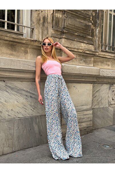 loia Women's Ecru Blue Viscose Patterned High Waist Lace-Up Wide Leg Trousers...