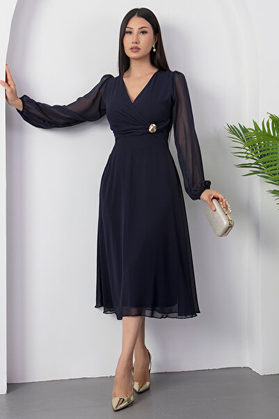 PULLIMM Kruvaze Yaka Beli Tokalı Uzun Kol Şifon Elbise 2025-4329