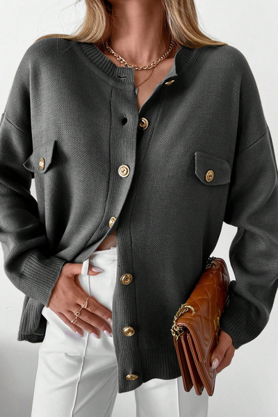 H&E LUXURY DESIGN Women's Gold Buttoned Cardigan with Pockets