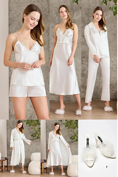 Mavelle Women's Satin Six-Piece Nightgown Dressing Gown Dowry Set - Slippers Gift