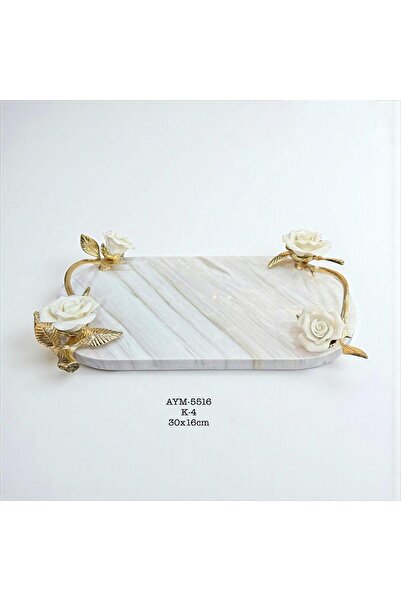 Lunara Gold Rose Detail Marble Tray with Handle 30X16Cm