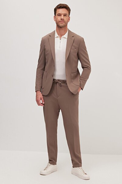 Tudors Erkek Regular Fit Vizon Esnek Likralı Kumaş Mono Yaka Torba Cepli Takım Elbise