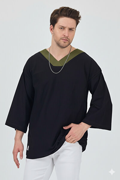 rammers Tricou oversize cu decolteu în V, mâneci 4/3, cu volane, cu umăr deza...