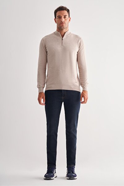 İmza Ανοιχτό μπεζ πουλόβερ με φερμουάρ ψηλός λαιμός μακριά μανίκια χωρίς τσέπες Comfort Fit Classic βαμβακερό πλεκτό πουλόβερ 1012255201