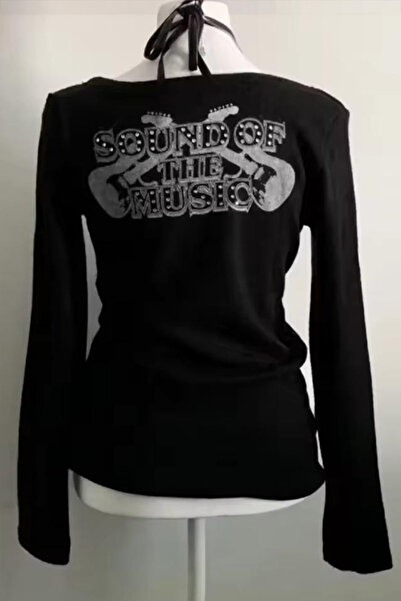 Karakedi Siyah Black The Festival Harajuku Y2K Bağlamalı Uzun Kollu Crop