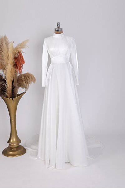 Esma Karadağ Elmira Kuyruklu Piliseli Korsajlı Ekru Tesettür Abiye