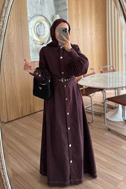 Ka Hijab Manşet Detay Düğmeli Uzun Kot Elbise - Bordo