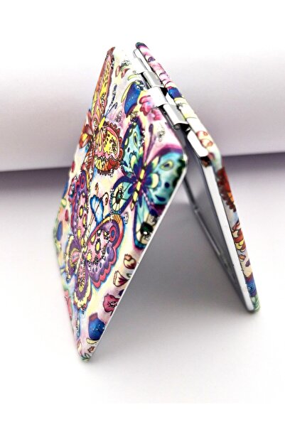 Siya Silver Taşlı Çift Taraflı Kapaklı Kelebek Desenli Cep Çanta Makyaj Aynası - Karışık Gönderim