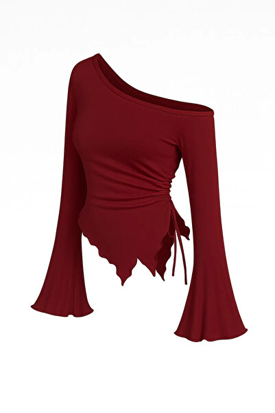 khar Long Sleeve Asymmetrical Neckline Draped Side Tie-Up Knitted Blouse