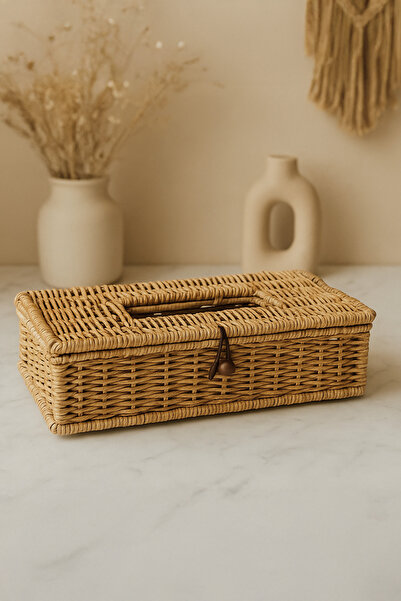 Kitchen Life Rattan Z Peçetelik Organizeri Düzenleyici Kapaklı Dikdörtgen Hasır Peçetelik