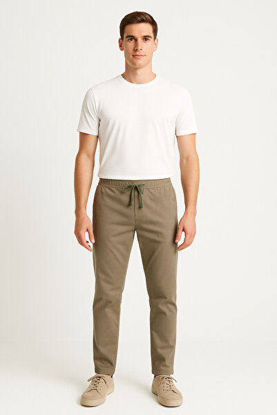 NEOWEAR Erkek Premium Kalite Beli Lastikli Bağcıklı Jogger Ekru Pantolon Rahat Kesim Yan Cepli
