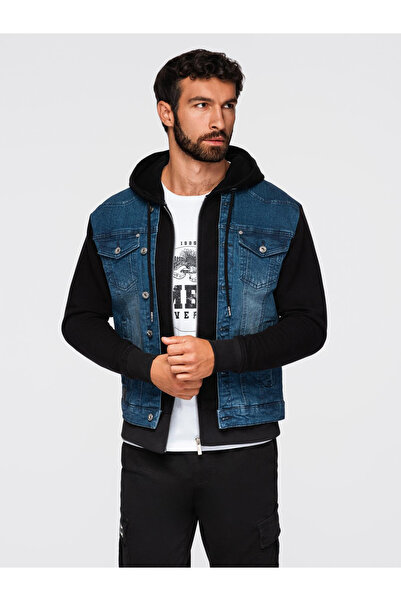 OMBRE Herren-Jeansjacke mit gestrickten Ärmeln und Kapuze - Blau OM-JADJ-0220