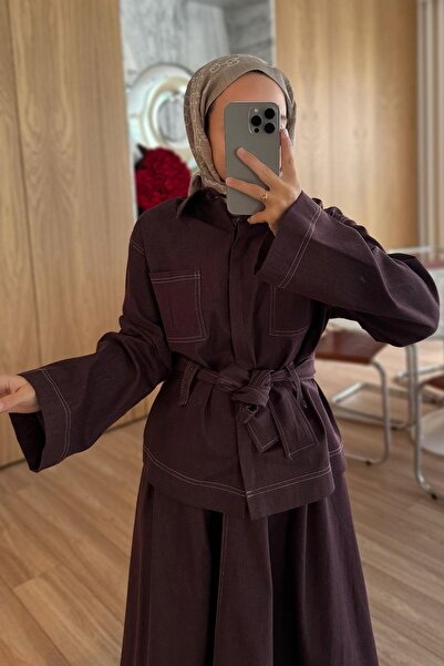 Ka Hijab Wide Sleeve Skirted Denim Suit - Burgundy