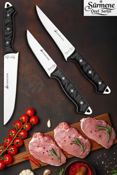 SÜRMENOX Sürmene Serisi Mutfak Bıçak Seti Et Ekmek Sebze Bıçağı 3 Lü Siyah Ve...