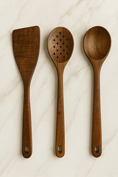 Kitchen Life طقم تقديم الطعام من الأكاسيا مكون من 3 قطع - طقم تقديم يشمل ملعقة وملعقة مسطحة ومغرفة