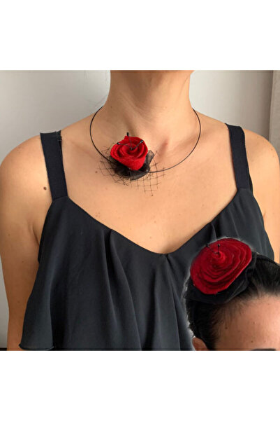 OEM Set diademă cu colier fix cu floare roșie din fetru și coroană neagră cu floare roșie din fetru
