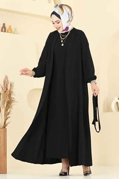 ModaMerve Beli Kuşaklı Elbise Takım 0347BG354-MS Siyah