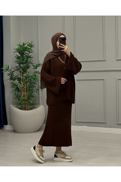 onlymoon Hijab Knitwear Double Set ♦ Brown ♦ Yüksel Bel ♦ Elastic ♦ 100% Cotton ♦ Comfortable & Stylish