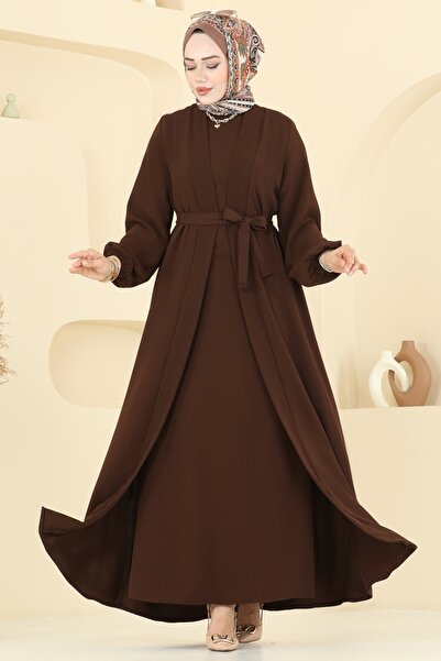ModaMerve Beli Kuşaklı Elbise Takım 0347BG354-MS Kahve