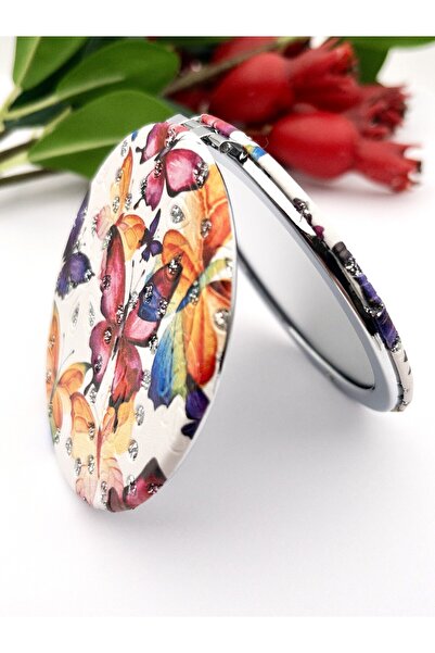 Siya Silver Taşlı Çift Taraflı Kapaklı Kelebek Desenli Yuvarlak Cep Çanta Makyaj Aynası - Karışık Gönderim