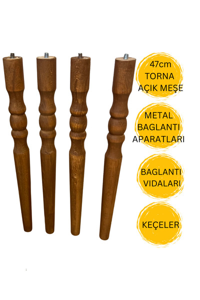 HAMADEX 47 cm Torna Açık Meşe Ahşap Sehpa Ayağı | Mobilya Ayağı + Metal Bağlantı Aparatları