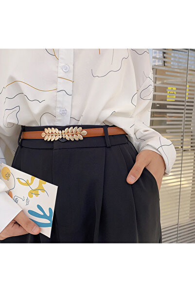 OBRO Thin Women’s Waist Belt – Leather, Adjustable & Stretchable, Double Gold Leaf Buckle, 90 cm