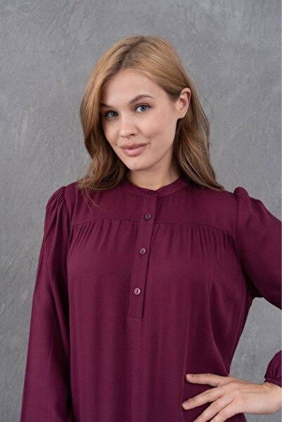 loia فستان نسائي مريح بتصميم فضفاض ومزين بأزرار باللون العنابي، فستان أنيق مت...