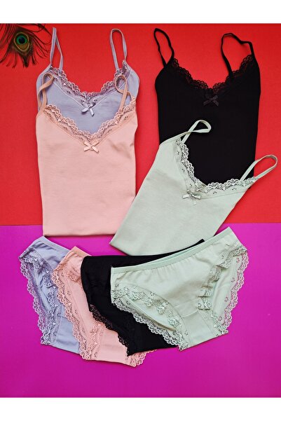 Demirsa Boutique Cotton Lace String Strap 4-Piece Black, Powder, Green, and Blue Lycra Women's Tank Top Panties Set