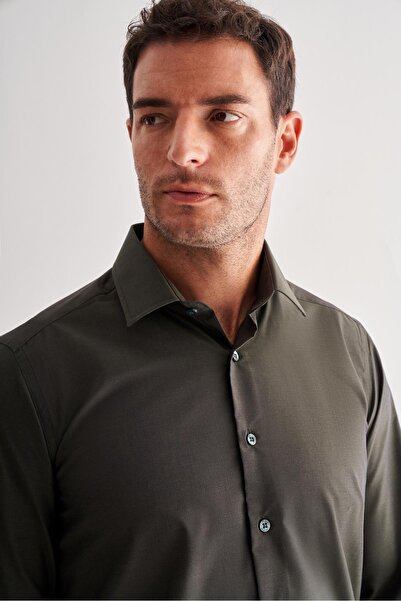 İmza Βαμβακερό πουκάμισο με μακρύ μανίκι εφαρμοστό με σκληρό γιακά χακί 1004255181