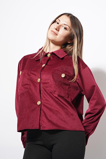 Himushe Cămașă Trey din catifea cu nasturi aurii, vișinie
