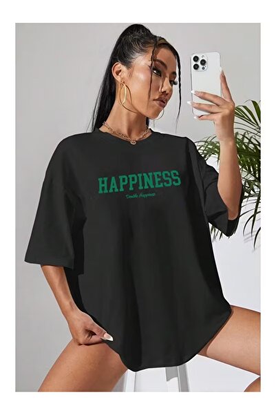 WOODROFFE Γυναικείο μπλουζάκι με στάμπα «HAPPINESS» σε μαύρο και άσπρο χρώμα