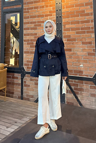 LOCCO Kadın Kemer Detay Kısa Trenç Lacivert