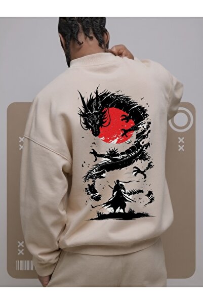 Wish BF سويت شيرت بقلنسوة كبير الحجم من القطن مطبوع عليه مخصص بألوان التنين ا...