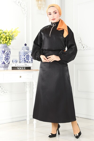 ModaMerve Broşlu Işıltlı Saten Abiye Takım 223OFR845-MS Siyah