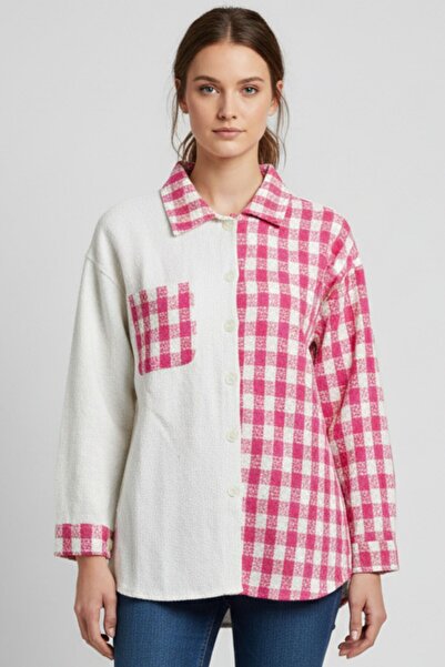 Kübra Tekstil Women's Pink Oversize Fit Plaid Patterned Long Sleeve 100% Cotton Shirt, Jacket, Women's Lumberjack Shirt