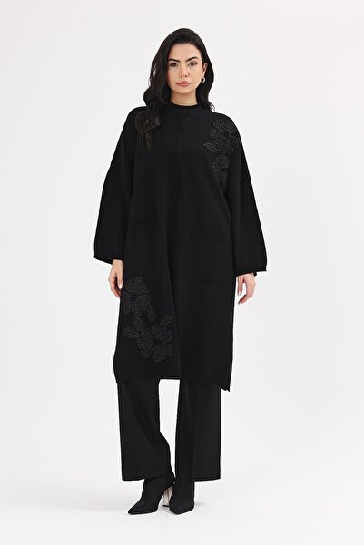 Uludağ Triko Γυναικείο μαύρο κεντημένο λουλούδι με λεπτομέρεια καπέλο παντζόνι