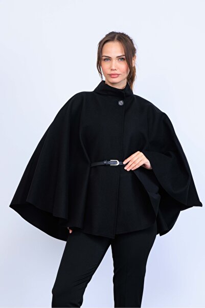 modaparis outlet Kadın Kemerli Siyah Kaşe Panço
