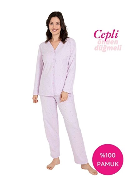 GUAVA+ Γυναικείο σετ πιτζάμες με μακρυμάνικο λιλά με λαιμόκοψη σε σχήμα V με κουμπιά από 100% βαμβάκι